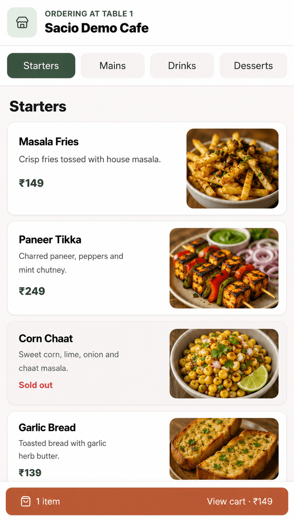 Sacio customer-facing digital menu showing dishes and a cart