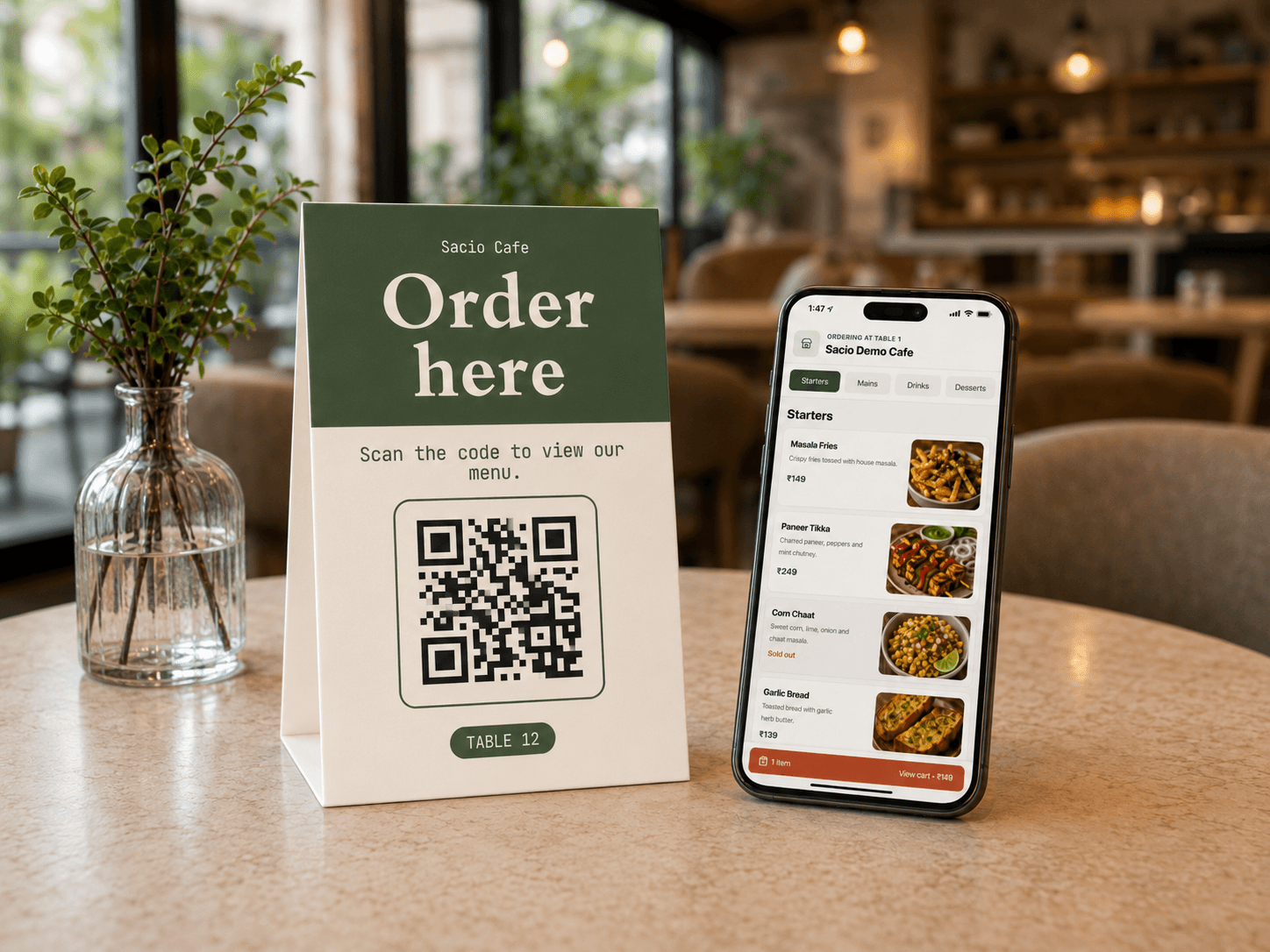 Sacio QR ordering card and digital menu displayed at a restaurant table